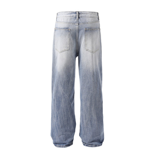 Pantaloni da uomo in denim a gamba dritta con fori per il lavaggio in acqua